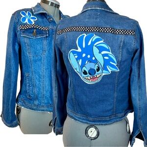 Universal Thread Blue Denim Jacket Hand Crafted Lilo & Stitch Appliqué Girls XL‎